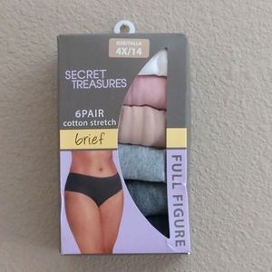 SECRET TREASURES. 6 PAIR OF COTTON STRETCH BRIEFS. SIZE:4X. 6 DIFFERENT COLORS.